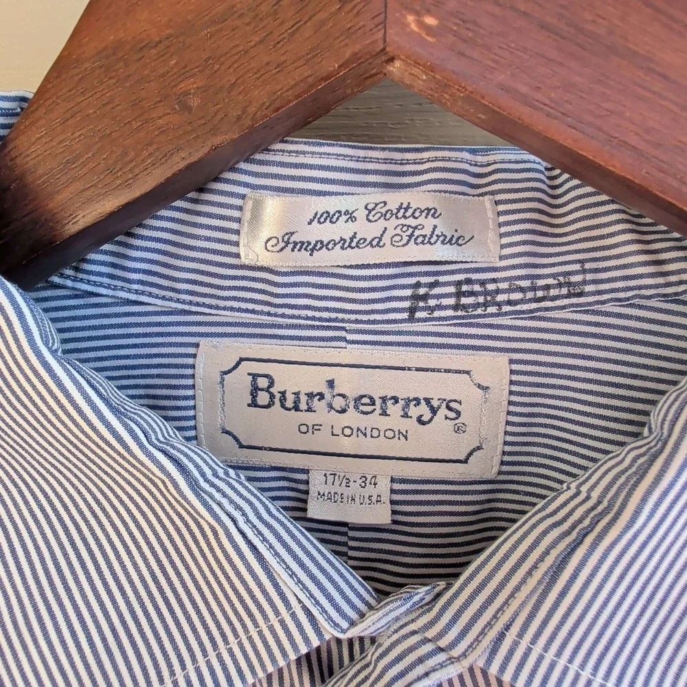 Burberrys Button Down Shirt Mens 17.5 34 Blue White Striped Vintage USA Made